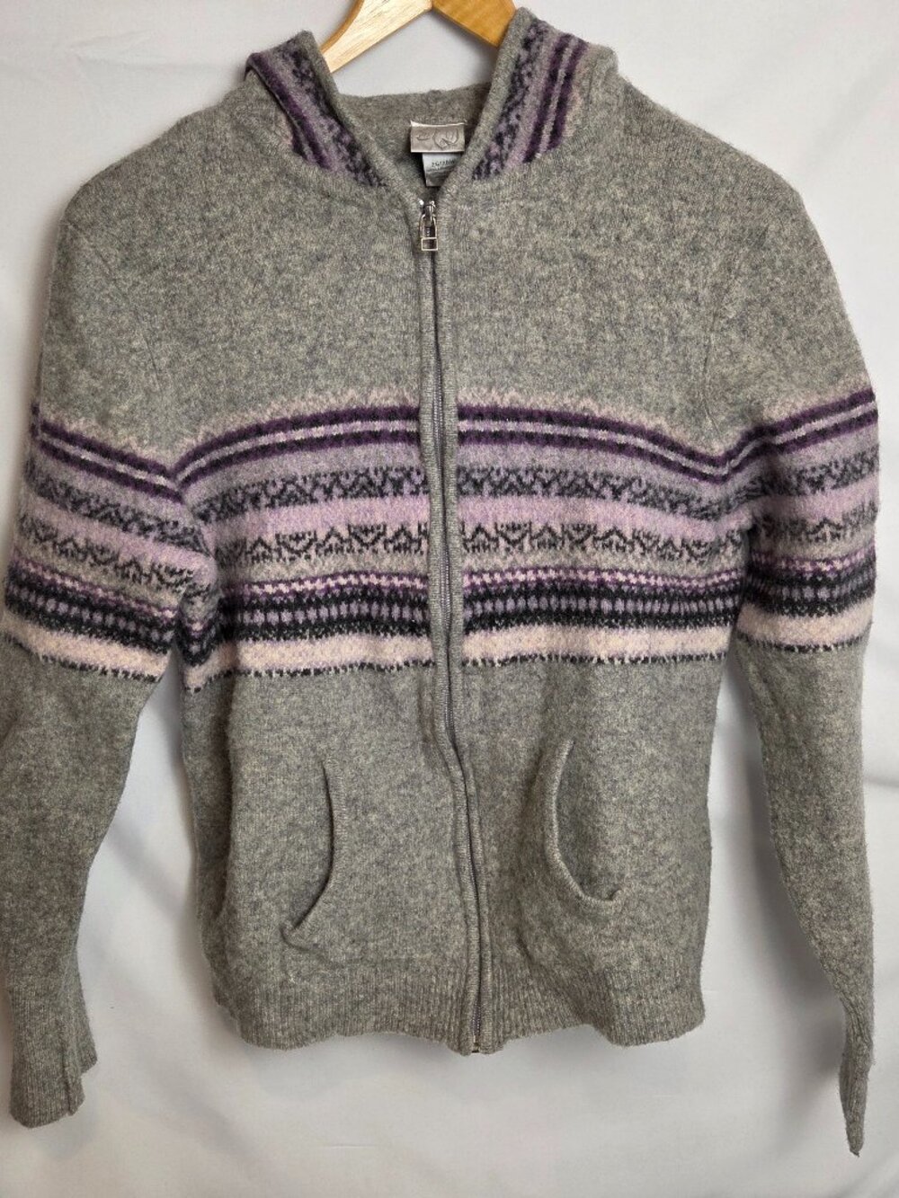 Plus Women's Gray Purple Hoodie Sweater 26/28W Fair Isle Knit Lambswool Full Zip